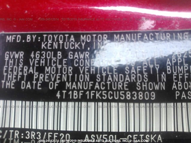 4T1BF1FK5CU583809 - 2012 TOYOTA CAMRY SE/LE/XLE 红色 照片 9