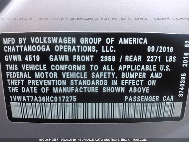 1VWAT7A36HC017275 - 2017 VOLKSWAGEN PASSAT S SILVER photo 9