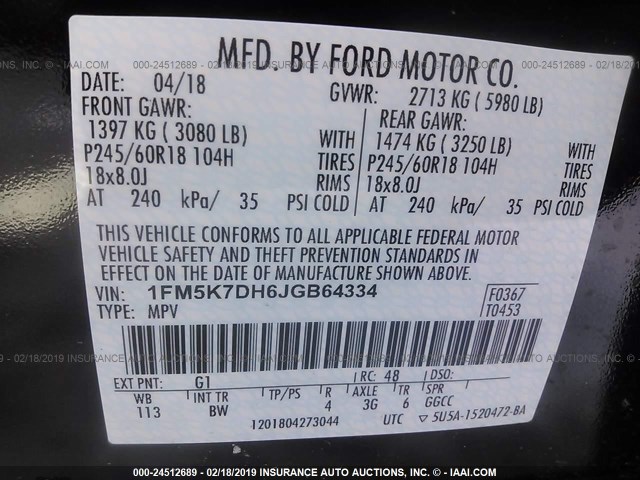 1FM5K7DH6JGB64334 - 2018 FORD EXPLORER XLT BLACK photo 9