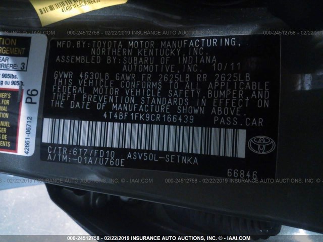 4T4BF1FK9CR166439 - 2012 TOYOTA CAMRY SE/LE/XLE 绿色 照片 9