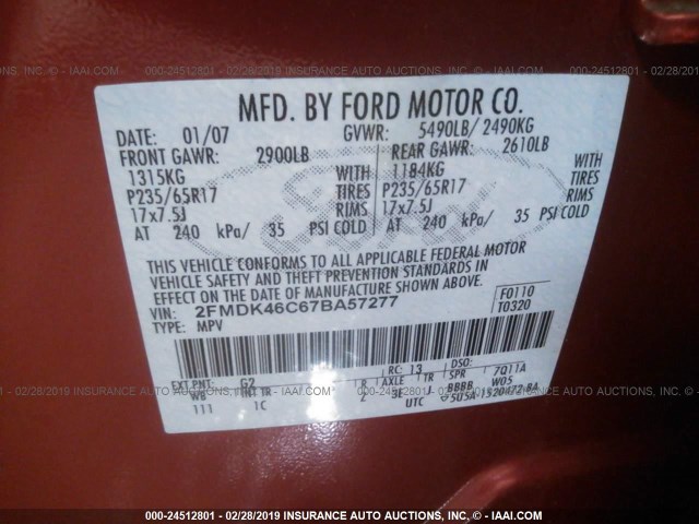 2FMDK46C67BA57277 - 2007 FORD EDGE SE RED photo 9