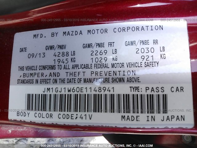 JM1GJ1W60E1148941 - 2014 MAZDA 6 GRAND TOURING RED photo 9