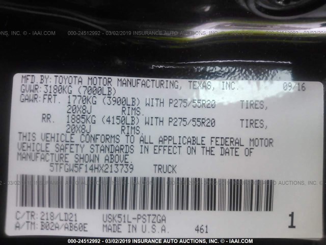 5TFGW5F14HX213739 - 2017 TOYOTA TUNDRA CREWMAX 1794/PLATINUM 黑色 照片 9