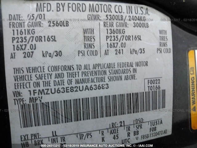 1FMZU63E82UA63683 - 2002 FORD EXPLORER XLT BLACK photo 9