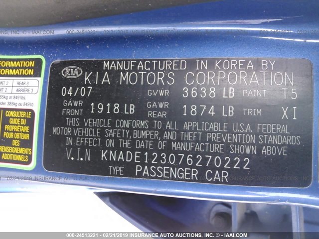 KNADE123076270222 - 2007 KIA RIO LX/SX BLUE photo 9