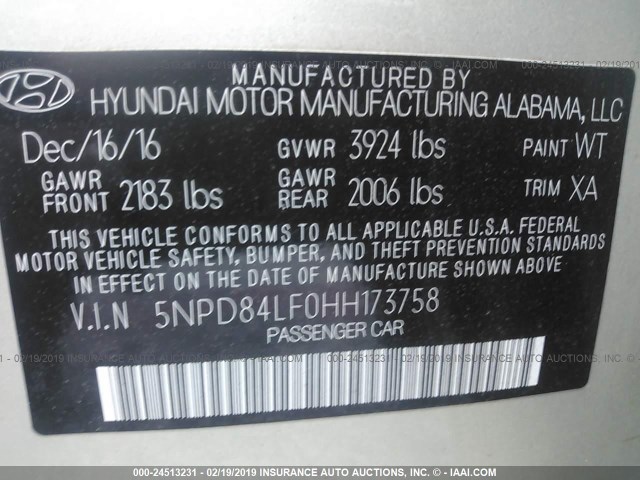 5NPD84LF0HH173758 - 2017 HYUNDAI ELANTRA SE/VALUE/LIMITED GRAY photo 9