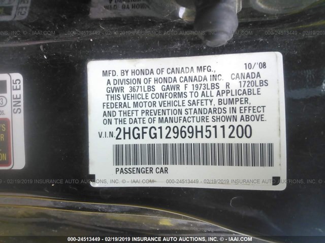 2HGFG12969H511200 - 2009 HONDA CIVIC EXL BLACK photo 9