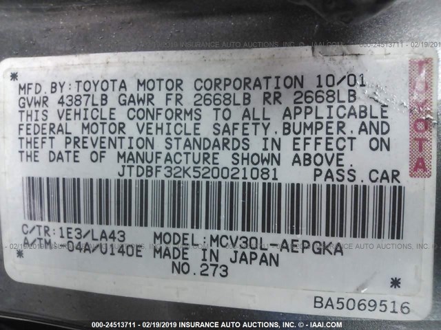 JTDBF32K520021081 - 2002 TOYOTA CAMRY LE/XLE/SE BEIGE photo 9