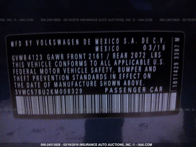 3VWC57BU2KM008329 - 2019 VOLKSWAGEN JETTA S/SE/R-LINE BLUE photo 9
