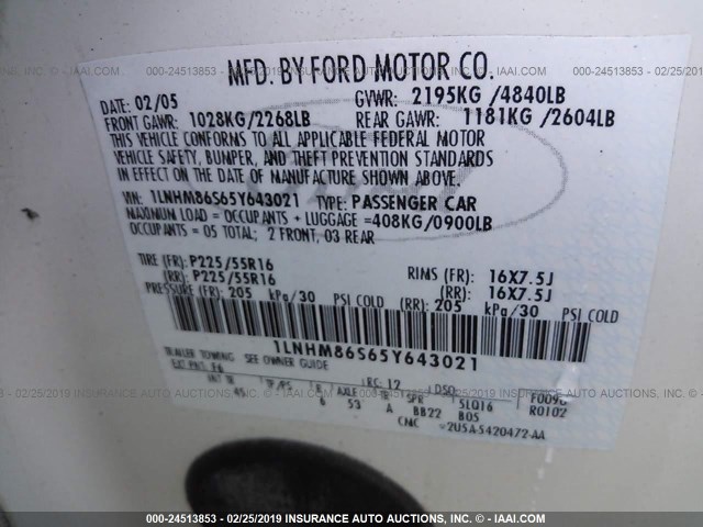 1LNHM86S65Y643021 - 2005 LINCOLN LS WHITE photo 9