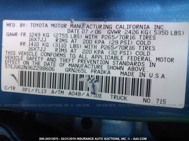 5TEJU62N36Z298606 - 2006 TOYOTA TACOMA DOUBLE CAB PRERUNNER BLUE photo 9