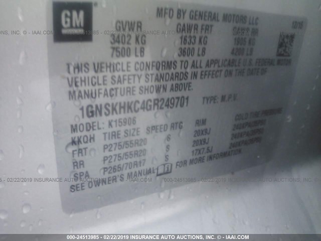 1GNSKHKC4GR249701 - 2016 CHEVROLET SUBURBAN K1500 LT SILVER photo 9