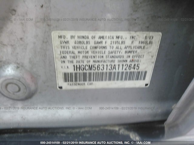 1HGCM56313A112645 - 2003 HONDA ACCORD LX SILVER photo 9