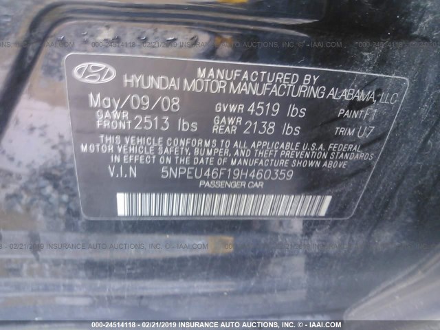 5NPEU46F19H460359 - 2009 HYUNDAI SONATA SE/LIMITED BLACK photo 9