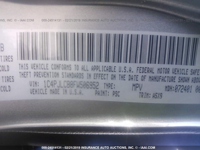 1C4PJLCB8FW506952 - 2015 JEEP CHEROKEE LATITUDE SILVER photo 9