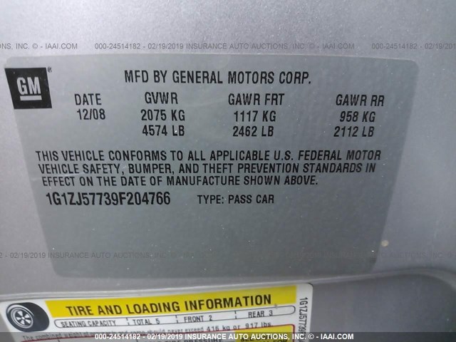 1G1ZJ57739F204766 - 2009 CHEVROLET MALIBU 2LT SILVER photo 9