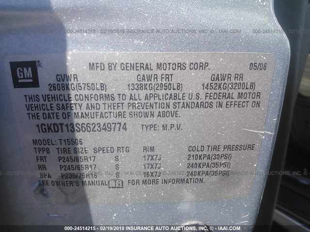 1GKDT13S662349774 - 2006 GMC ENVOY Light Blue photo 9