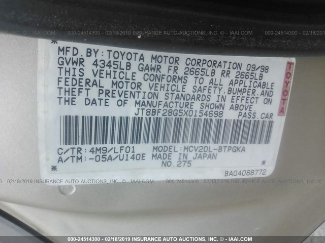 JT8BF28G5X0154698 - 1999 LEXUS ES 300 GOLD photo 9