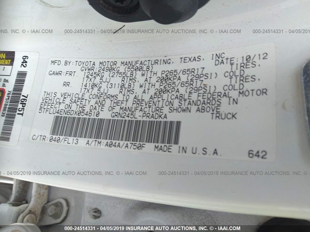 5TFLU4EN6DX054610 - 2013 TOYOTA TACOMA DOUBLE CAB 白色 照片 9