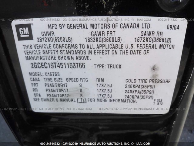 2GCEC19T451153766 - 2005 CHEVROLET SILVERADO C1500 BLACK photo 9