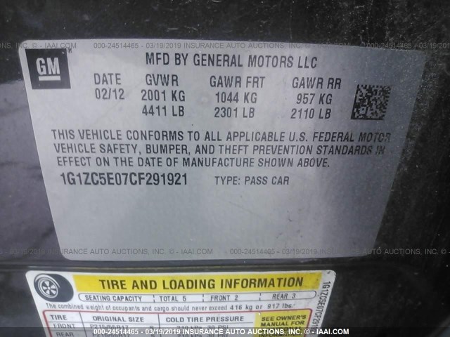 1G1ZC5E07CF291921 - 2012 CHEVROLET MALIBU 1LT ნაცრისფერი ფოტო 9