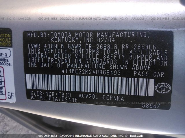 4T1BE32K24U869493 - 2004 TOYOTA CAMRY LE/XLE/SE SILVER photo 9