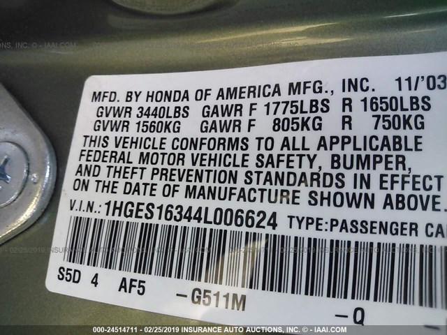 1HGES16344L006624 - 2004 HONDA CIVIC DX VP Yaşıl foto 9