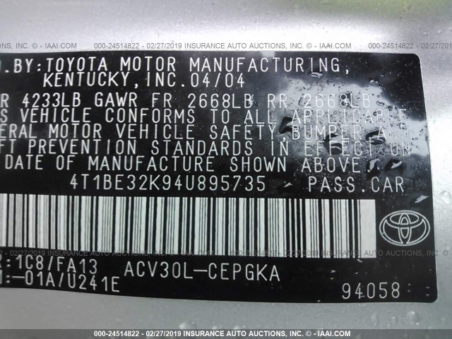 4T1BE32K94U895735 - 2004 TOYOTA CAMRY LE/XLE/SE SILVER photo 9