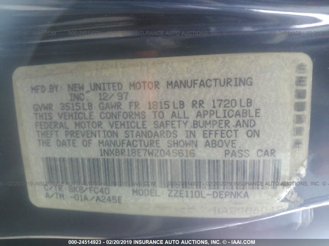 1NXBR18E7WZ045616 - 1998 TOYOTA COROLLA VE/CE/LE 蓝色 照片 9