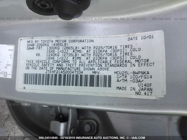 JTEHF21A520047334 - 2002 TOYOTA HIGHLANDER LIMITED SILVER photo 9