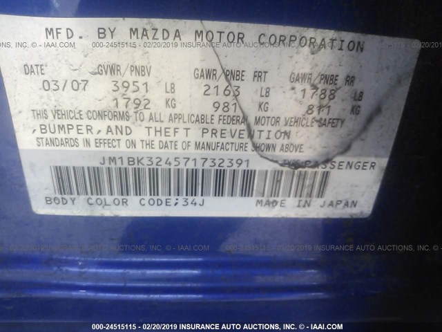 JM1BK324571732391 - 2007 MAZDA 3 S BLUE photo 9