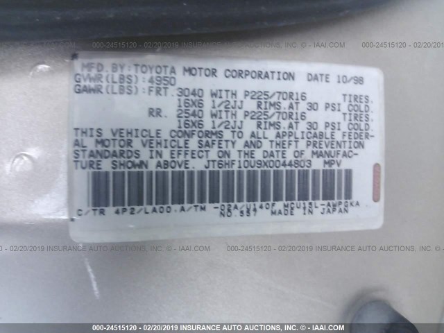 JT6HF10U9X0044803 - 1999 LEXUS RX 300 TAN photo 9