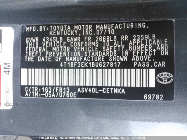 4T1BF3EK1BU627817 - 2011 TOYOTA CAMRY SE/LE/XLE GRAY photo 9