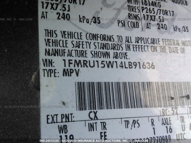 1FMRU15W14LB91636 - 2004 FORD EXPEDITION XLT GRAY photo 9