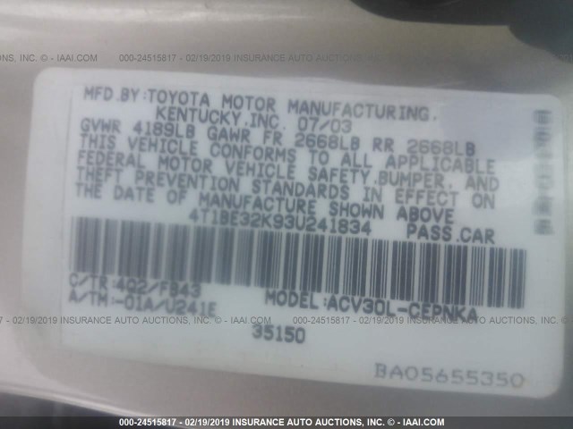 4T1BE32K93U241834 - 2003 TOYOTA CAMRY LE/XLE/SE TAN photo 9