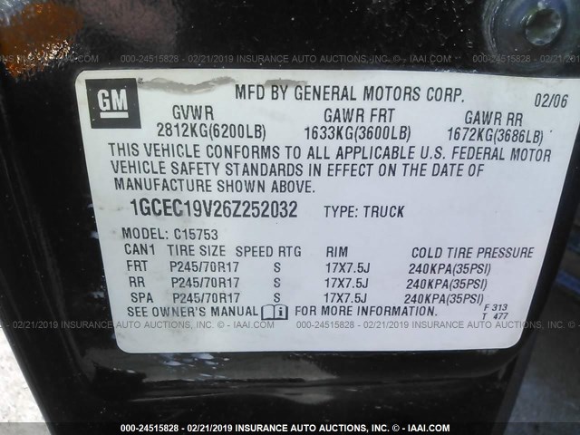 1GCEC19V26Z252032 - 2006 CHEVROLET SILVERADO C1500 BLACK photo 9