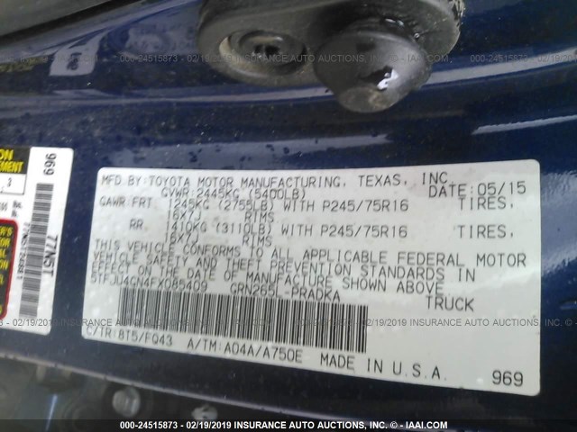 5TFJU4GN4FX085409 - 2015 TOYOTA TACOMA DOUBLE CAB PRERUNNER BLUE photo 9