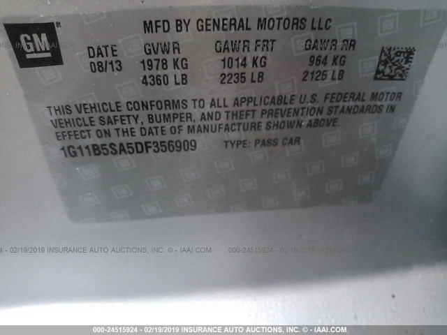 1G11B5SA5DF356909 - 2013 CHEVROLET MALIBU LS GRAY photo 9