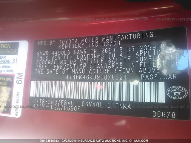 4T1BK46K39U078521 - 2009 TOYOTA CAMRY SE/LE/XLE RED photo 9