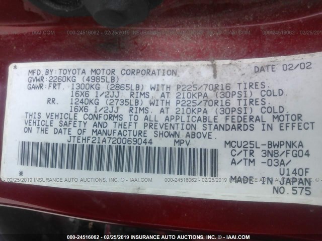 JTEHF21A720069044 - 2002 TOYOTA HIGHLANDER LIMITED RED photo 9