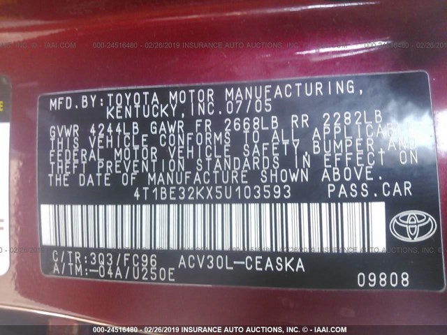 4T1BE32KX5U103593 - 2005 TOYOTA CAMRY LE/XLE/SE RED photo 9