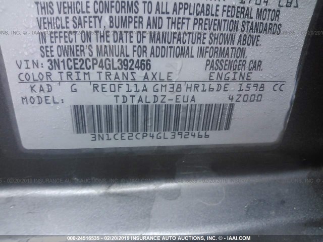 3N1CE2CP4GL392466 - 2016 NISSAN VERSA NOTE S/S PLUS/SV/SL/SR GRAY photo 9