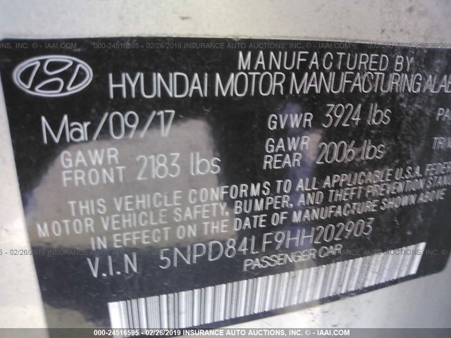 5NPD84LF9HH202903 - 2017 HYUNDAI ELANTRA SE/VALUE/LIMITED GOLD photo 9