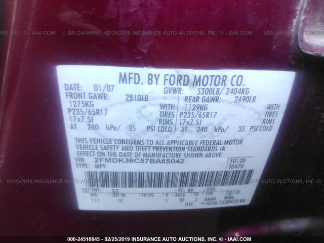 2FMDK36C57BA65042 - 2007 FORD EDGE SE RED photo 9