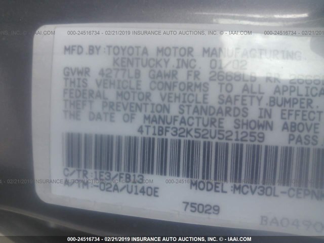 4T1BF32K52U521259 - 2002 TOYOTA CAMRY LE/XLE/SE GRAY photo 9