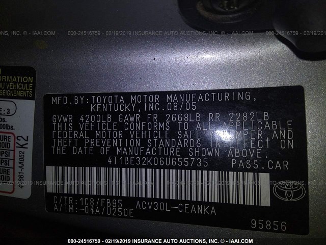 4T1BE32K06U655735 - 2006 TOYOTA CAMRY LE/XLE/SE SILVER photo 9