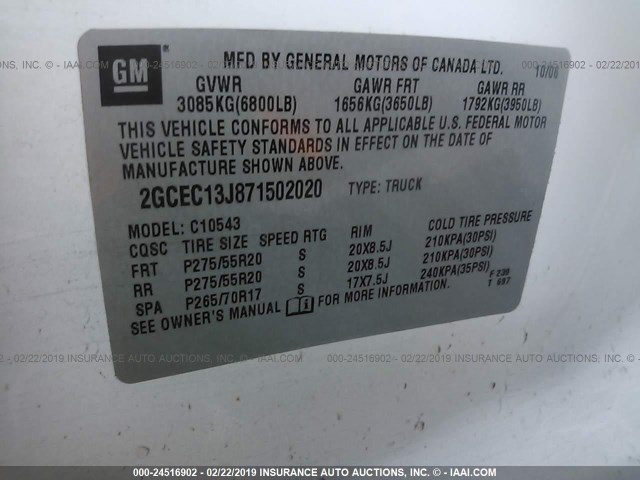 2GCEC13J871502020 - 2007 CHEVROLET SILVERADO C1500 CREW CAB WHITE photo 9