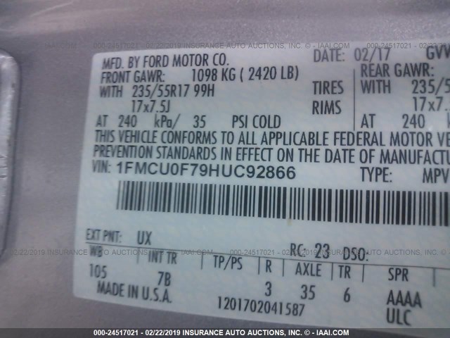 1FMCU0F79HUC92866 - 2017 FORD ESCAPE S SILVER photo 9