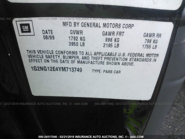 1G2NG12E4YM713749 - 2000 PONTIAC GRAND AM SE2 BLACK photo 9