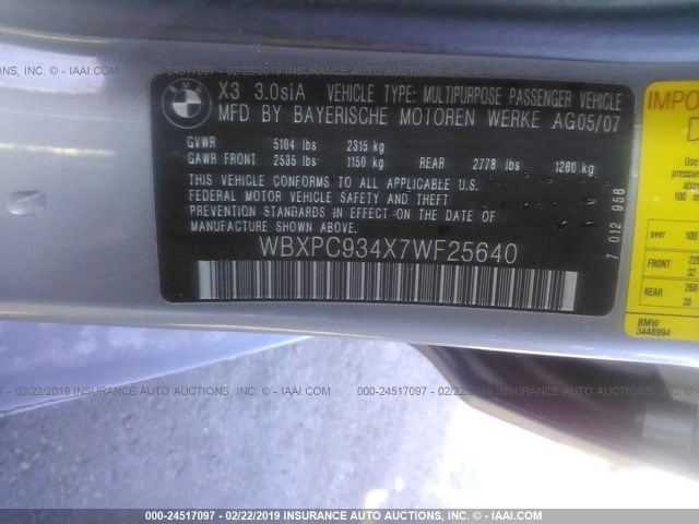WBXPC934X7WF25640 - 2007 BMW X3 3.0SI GRAY photo 9